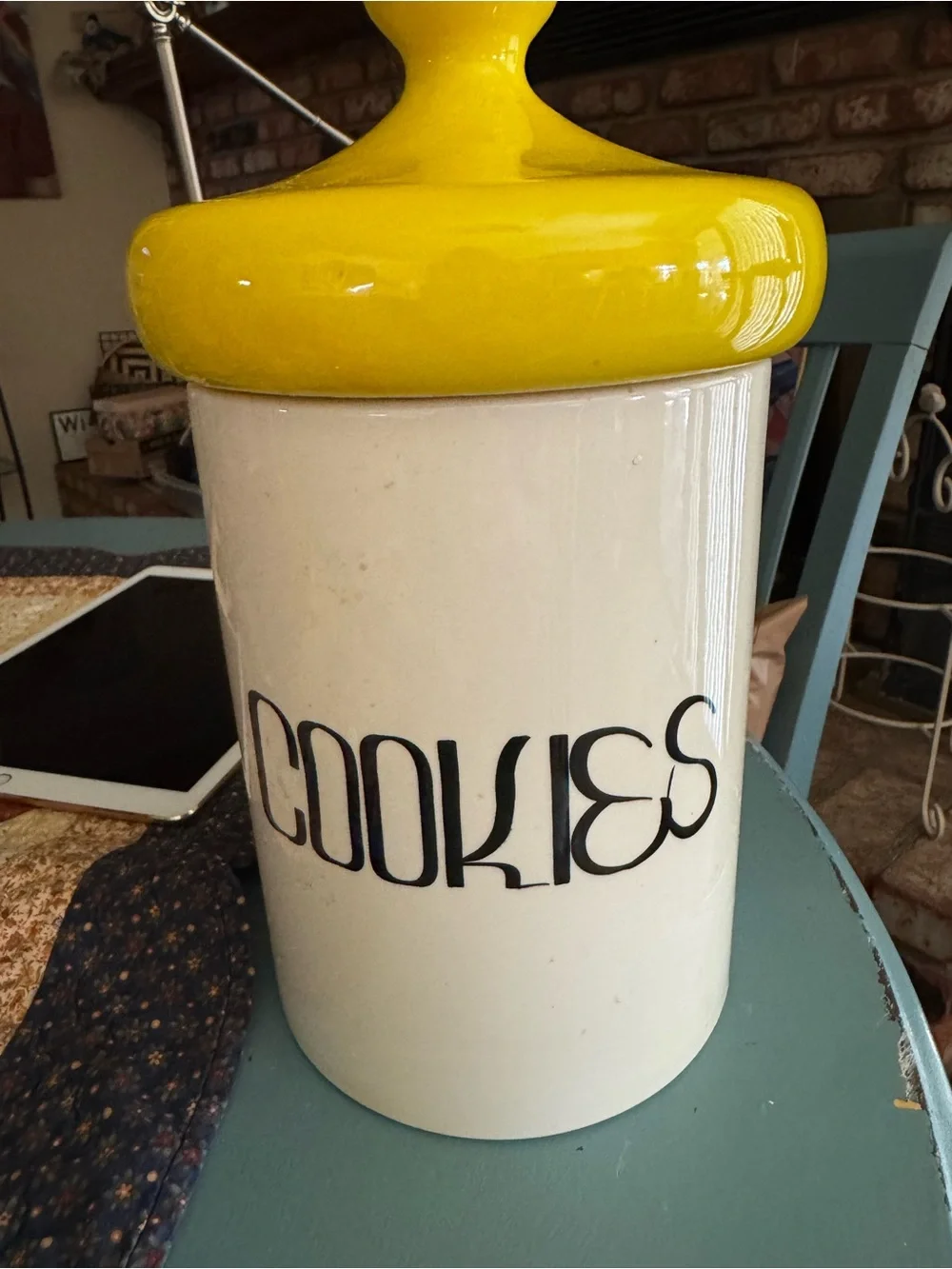 Cookie Canister with Yellow Lid - White Ceramic Cookie Jar